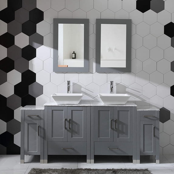 72" Bathroom Vanity Cabinet Washbasin Solid Wood Marble Pattern Top with Sink,Mirror,Faucet & Drain,Grey