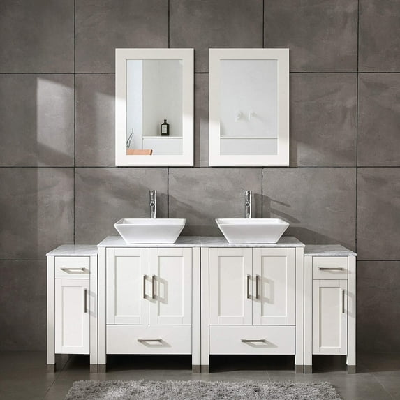72" Bathroom Vanity Cabinet Drawer Washbasin, Solid Wood Marble Pattern Top with Vessel Sinks, Mirrors,Faucets & Drain,White