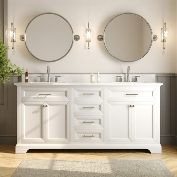 72" Bathroom Vanity Double Sink Top with Backsplash, Pre-assembled Cabinet Sink Combo White