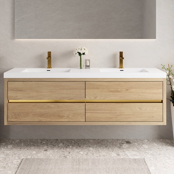 72" Bathroom Vanity Sink , Floating Cabinet. Natural Oak Finish, Stone Resin Counter, Soft Close, Abundant Storage Chamber, U-shape Drain, Invisible Handle, E1 Grade Panels With Sink, Storage. Close