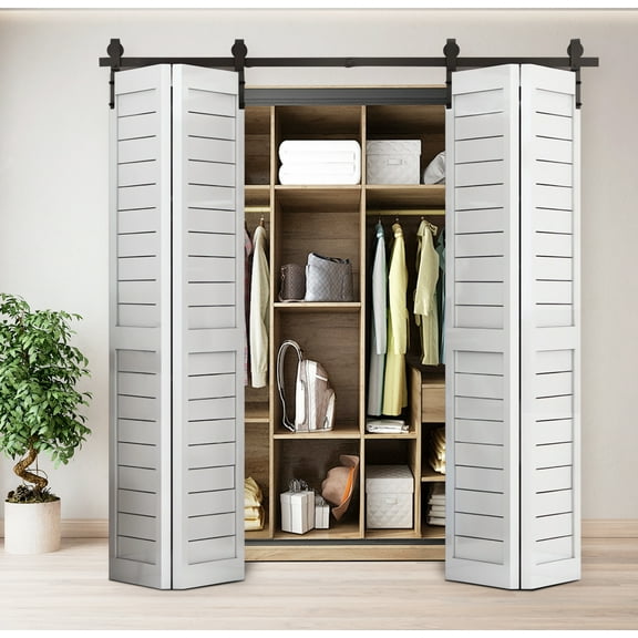 72" Bi-Folding Sliding Barn Door Hardware Kit for 4 Doors,Smoothly&Quietly,Black Track J Shape Roller