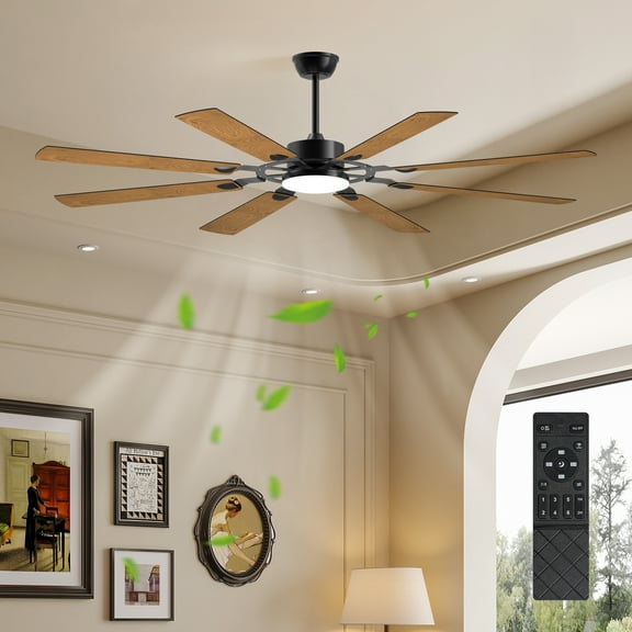 72" Black Modern 8-Blade Ceiling Fan with Light, Smart Remote Control, 6 Wind Speeds, Timer, Dimmable, Reversible, Indoor Outdoor Fan for Large Room, Living Room, Bedroom, Patio