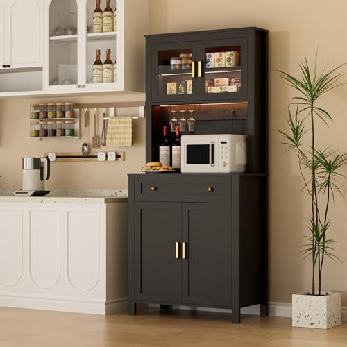 72" Black Pantry Cabinet for Kitchen Storage with LED Light & Power Outlets, Microwave Stand with Storage, Kitchen Pantry Cabinet with Microwave Shelf
