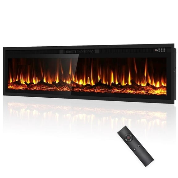 72" Black Recessed/Wall Mount Electric Fireplace with 3D Flames & Dual Control
