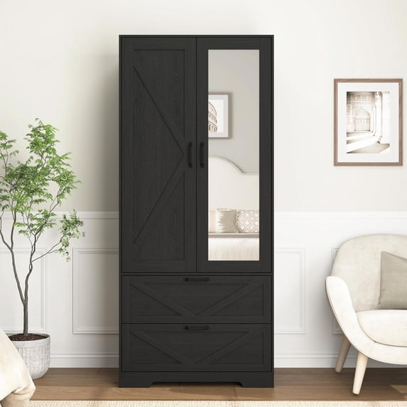 72" Black Wardrobe Closet with Mirror Door & LED Light, 2-Door Freestanding Bedroom Armoire Cabinet with Hanging Rod, Drawers & Adjustable Shelves, Modern Storage Wardrobe for Apartment or Bedroom