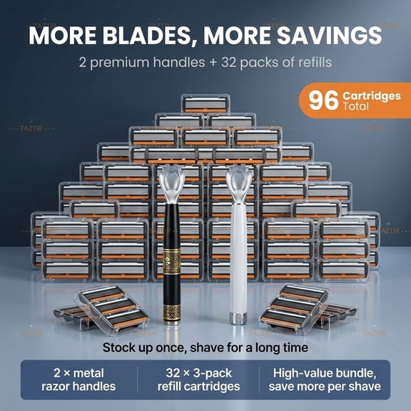 TAZTIR 2+96Blade Mens Stainless Steel Razor Set Ultra-Sharp Manual Shaver with Metal Handle, Smooth Clean Shaving, Easy-to-Clean Design, Includes Multiple Replacement Blades