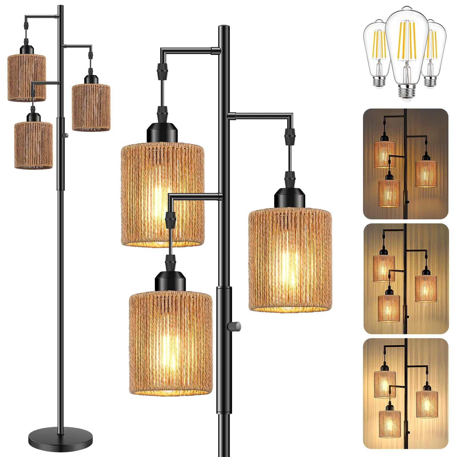 72" Boho Rattan Floor Lamp with Hand-Woven Paper Cord Shade, Dimmable Tree Lamp for Living Room