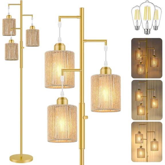 72" Boho Rattan Tree Floor Lamp, Tall Dimmable Industrial Standing Lamp, Corner Decor Accent Lighting for Living Room, Bedroom, Dining Room, Nursery, Cafe (3 x 800LM Bulbs Included)