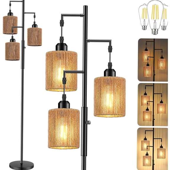 72" Boho Rattan Tree Floor Lamp with Tall Dimmable Industrial Standing 19, Light Brown