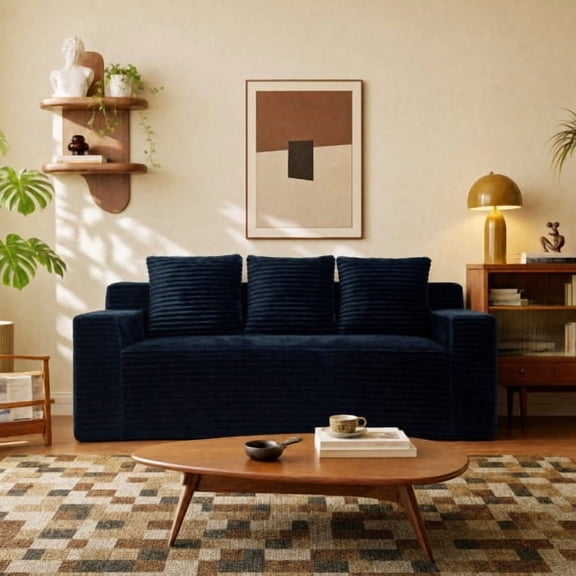 72" Boneless Big Sofa, Soft Couch with Corduroy Fabric, Furniture Couch for conference room, Black