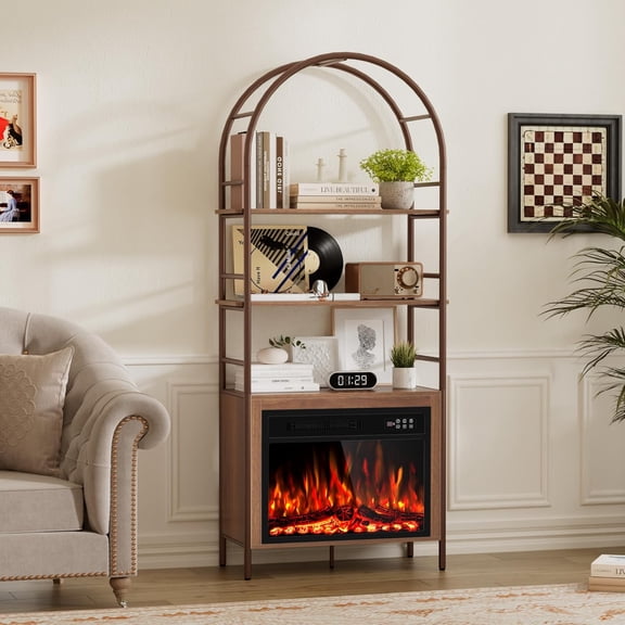 72" Bookshelf with 23" Electric Fireplace Inserts, Tall Arched Bookcase with 3D Realist Flame, Remote Control,Timer, Modern Accent Bookshelf Storage Organizer for Home, Office, Living Room