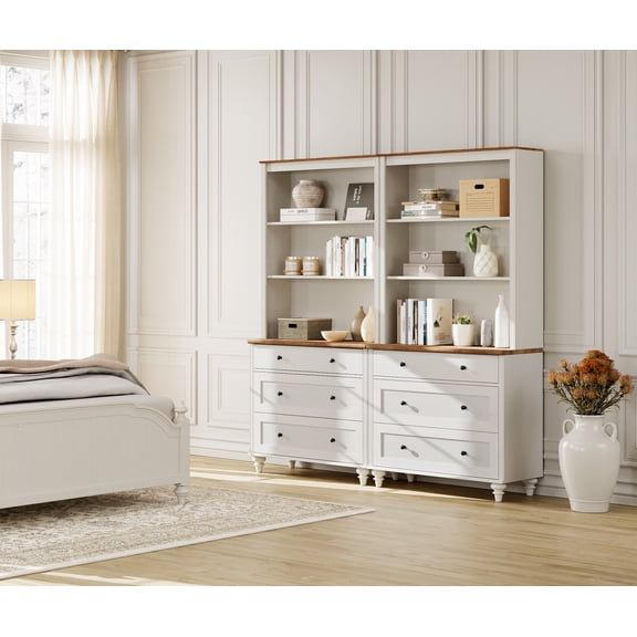 72" Bookshelf with 3 Drawers, Tall Bookcase Large Display Book Case Shelf with 3 Tier Open Book ShelvesLibrary Wooden Bookshelves for Living Room,Office, Bedroom, White (2PCS)