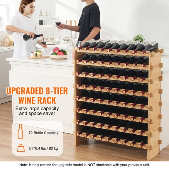 72 Bottle 8 Tier Upgrade Modular Bamboo Wine Rack Storage Display Shelf for Home Kitchen Bar Cellar