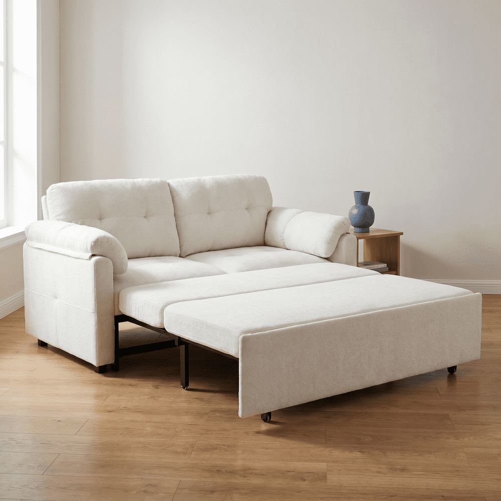 72" Chenille Fabric Sleeper Loveseat Couch, Pull-Out Couch Bed with Silent Casters, Convertible Loveseat Sofa Bed with Side Storage for Living Rooms, Studios, Beige