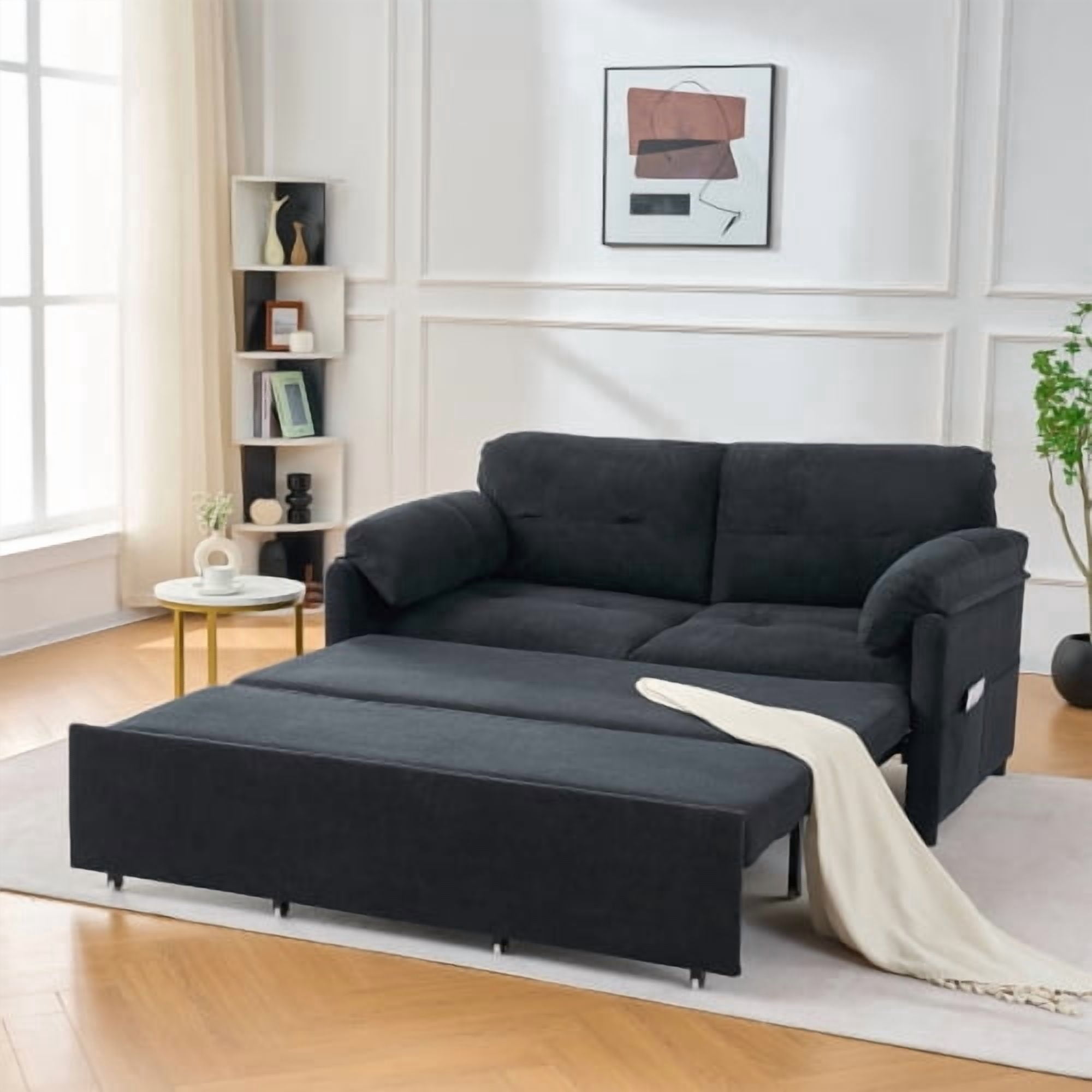 72" Chenille Fabric Sleeper Loveseat Couch, Pull-Out Couch Bed with Silent Casters, Convertible Loveseat Sofa Bed with Side Storage for Living Rooms, Studios, Black