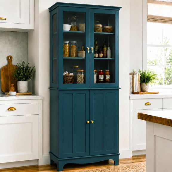 72" China Cabinet, Freestanding Kitchen Pantry with Tempered Glass Doors, Tall Sideboard Buffet Hutch with Adjustable Shelves for Dining Room, Living Room, Dark Teal