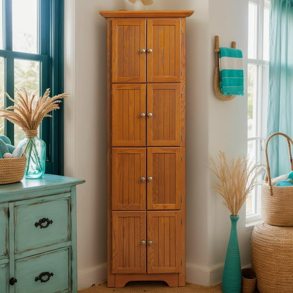 72" Chinese Farmhouse Style Kitchen Pantry, 8 Doors & 4 Shelves, Corner Storage Cabinet with Rustic Carved Design for Kitchen & Dining Room