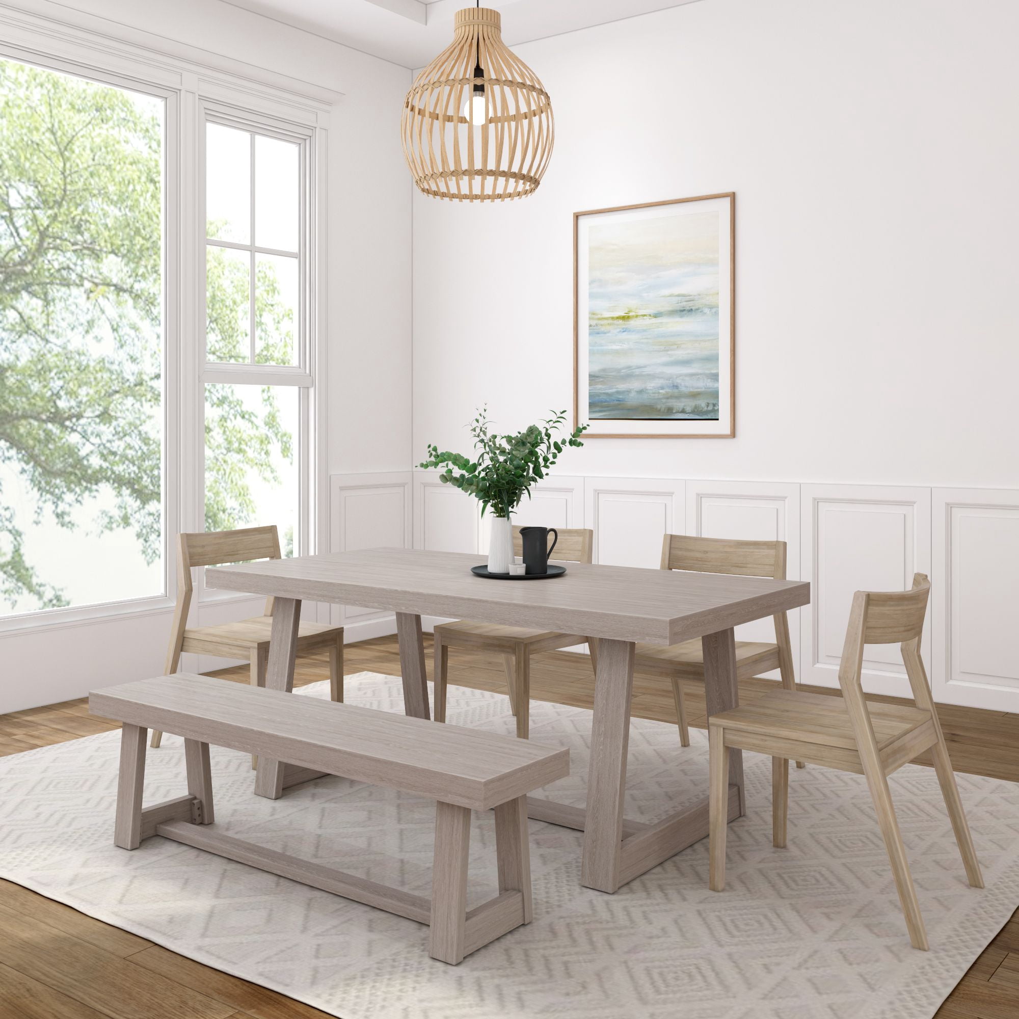 72" Classic Solid Wood Dining Table Set with Bench, Seashell Wirebrush ...