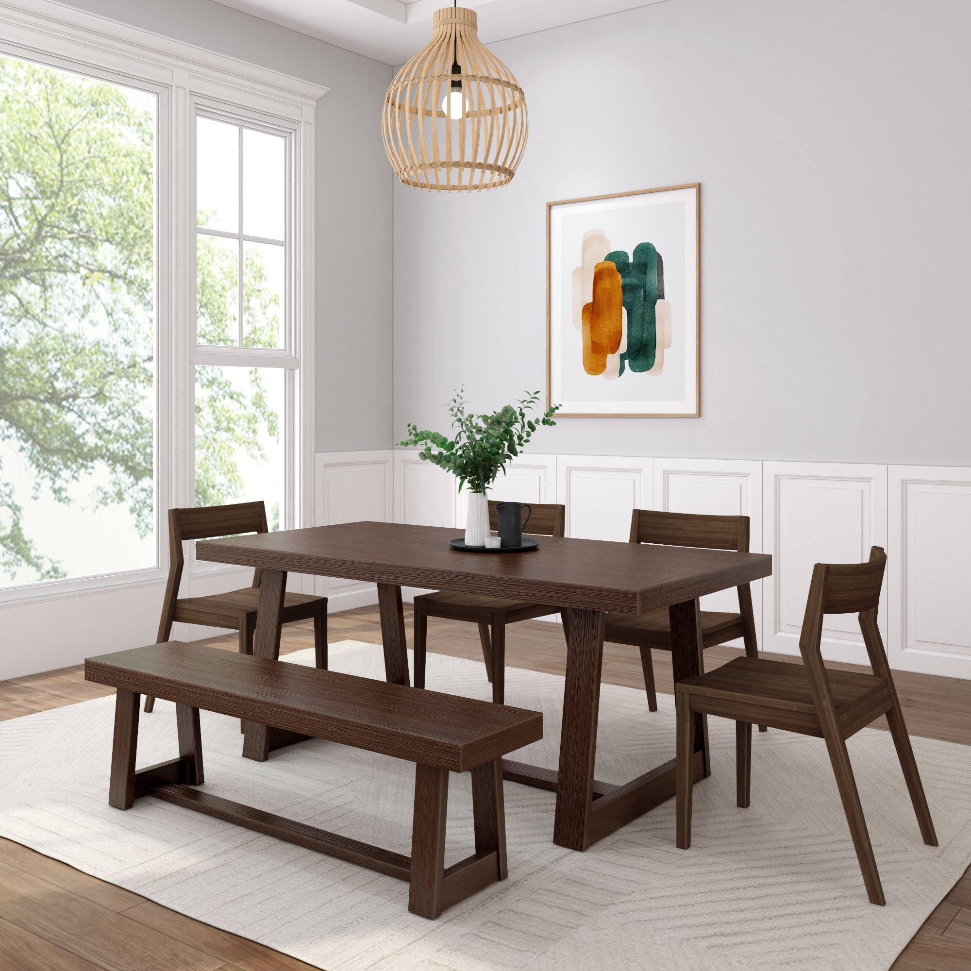 72" Classic Solid Wood Dining Table Set with Bench, Walnut Wirebrush ...