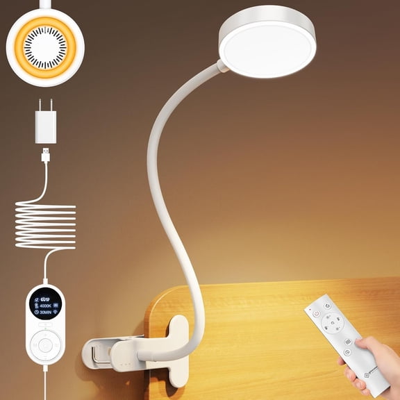 72 Clip Lamp with Remote, Reading Light with Ring, 3 Colors & 5 Dimmable Bed Lamp, 30/60-Min Off Timer, Clamp Light for Headboard/Dorm/Bunk (White)