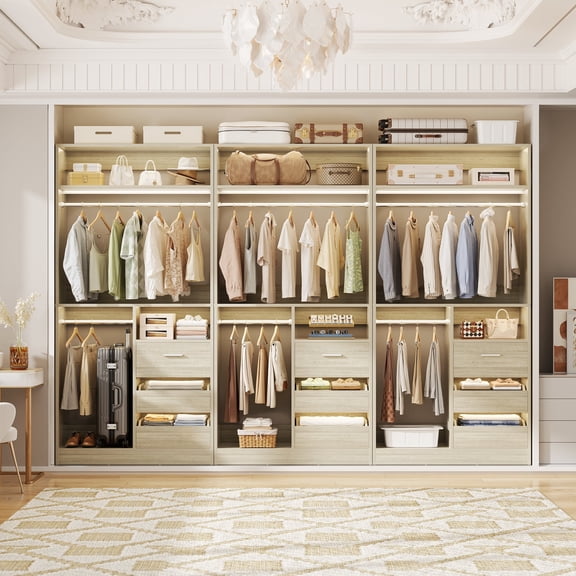 72'' Closet System with 6 Drawers, iSunirm Closet Organizer System Set of 2 with 4 Hanging Rods and Shelves, Heavy Duty Wardrobe Closet for Closet/Bedroom, White Oak