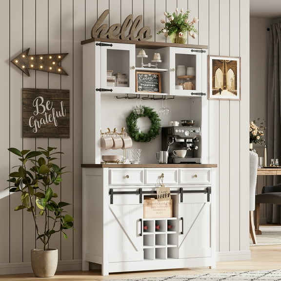72" Coffee Bar Cabinet w/Power Outlet, Farmhouse Large Kitchen Hutch w/Sliding Barn Door,Tall Bar Cabinets w/3 Drawers & Wine Glass Rack,Ample Storage for Home Bar，White