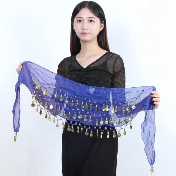 72 Coin Sequins Gauze Belly Dance Waist Belt Golden Dark Blue 1400~1600mm 1pc