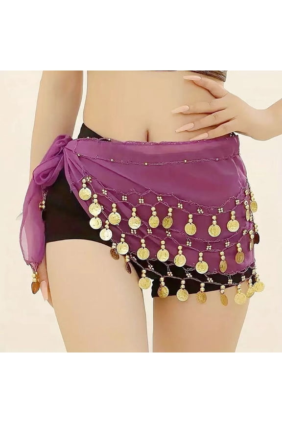 72 Coin Sequins Gauze Belly Dance Waist Belt Golden Old Rose 1400~1600mm