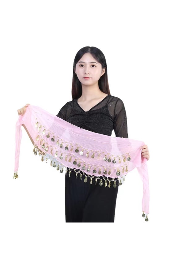 72 Coin Sequins Gauze Belly Dance Waist Belt Golden Pearl Pink 1400~1600mm