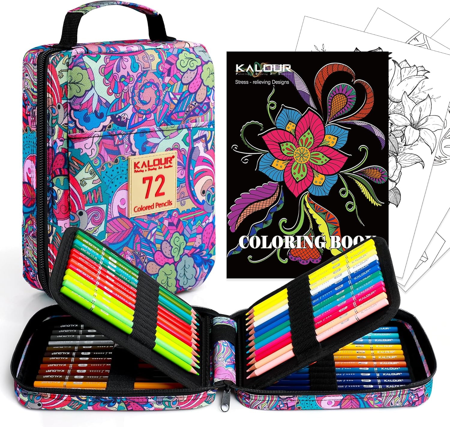 72-Colored Pencils Set With Coloring Book And Zipper Case Soft Core 7 Metallic Colors For Artists Beginners Kids Pink