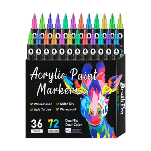 72 Colors Acrylic Paint Markers, Dual Tip Drawing Marker Pen for Rock Painting, Ceramic, Wood, Plastic, Calligraphy, Scrapbooking, Brush Lettering, Card Making, DIY Crafts, 36 Pack, 6.69x5.78"