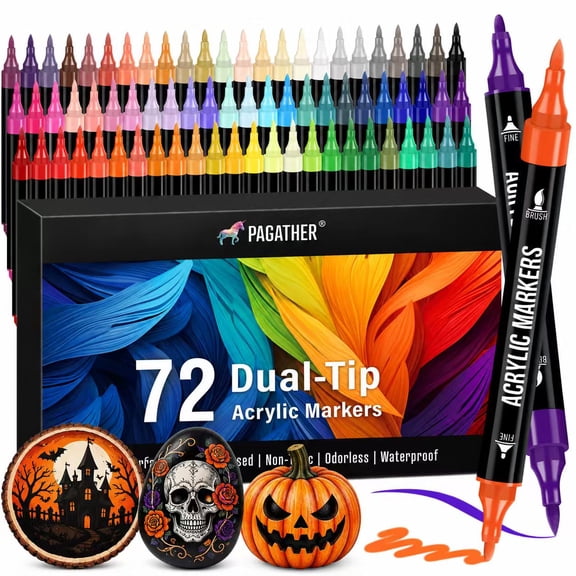 72 Colors Acrylic Paint Markers, Dual Tip with Fine Tip and Brush Tip Pens for Stone, Wood, Calligraphy, Canvas, Ceramic, Metal, Glass, Rock Painting, DIY Crafts