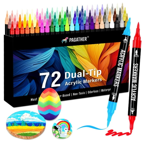 72 Colors Acrylic Paint Markers, Dual Tip with Fine Tip and Brush Tip Pens for Stone, Wood, Calligraphy, Canvas, Ceramic, Metal, Glass, Rock Painting, DIY Crafts