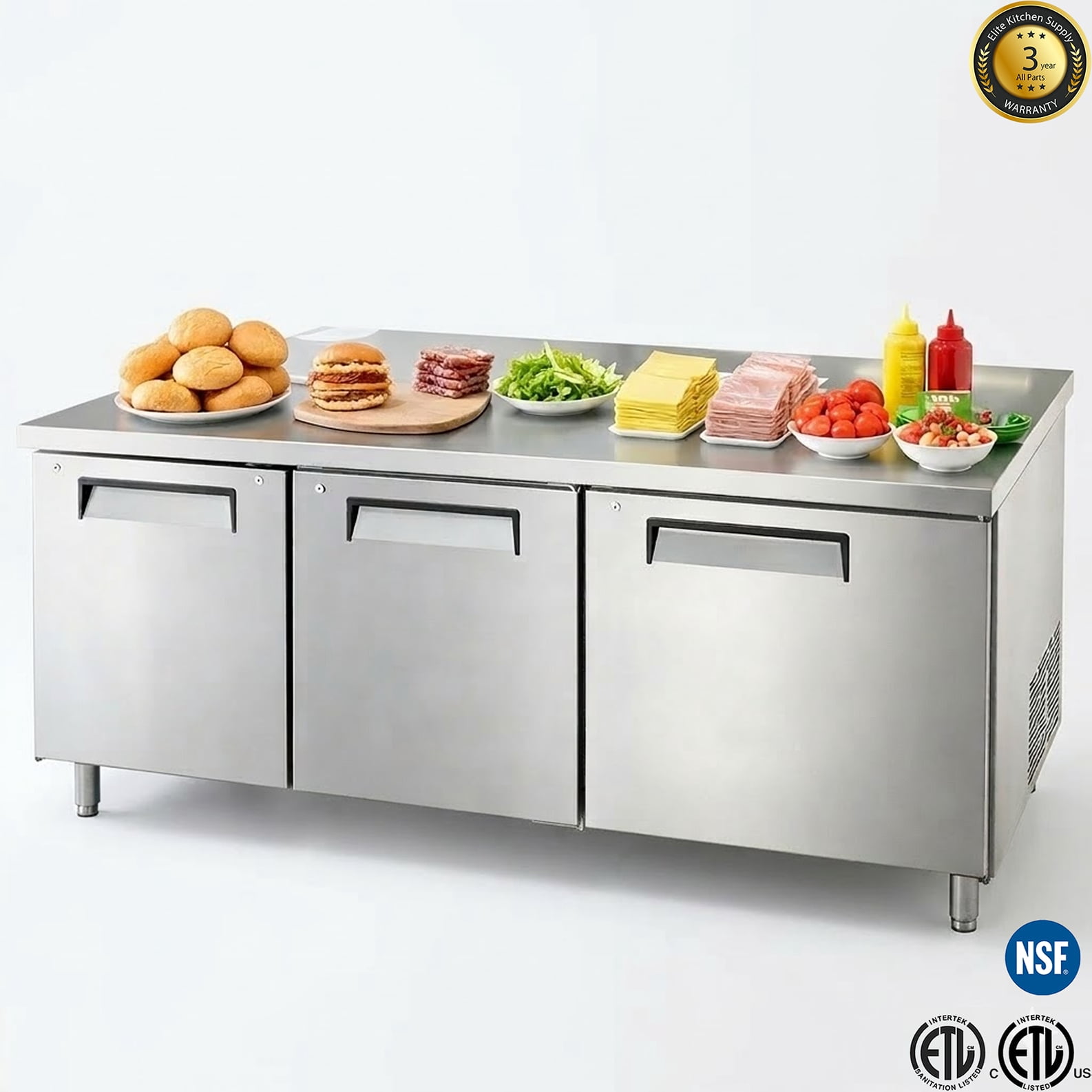72" Commercial Undercounter Refrigerator, 3 Door Stainless Steel Worktop Fridge, NSF Certified, 33–40°F, R290 Refrigerant