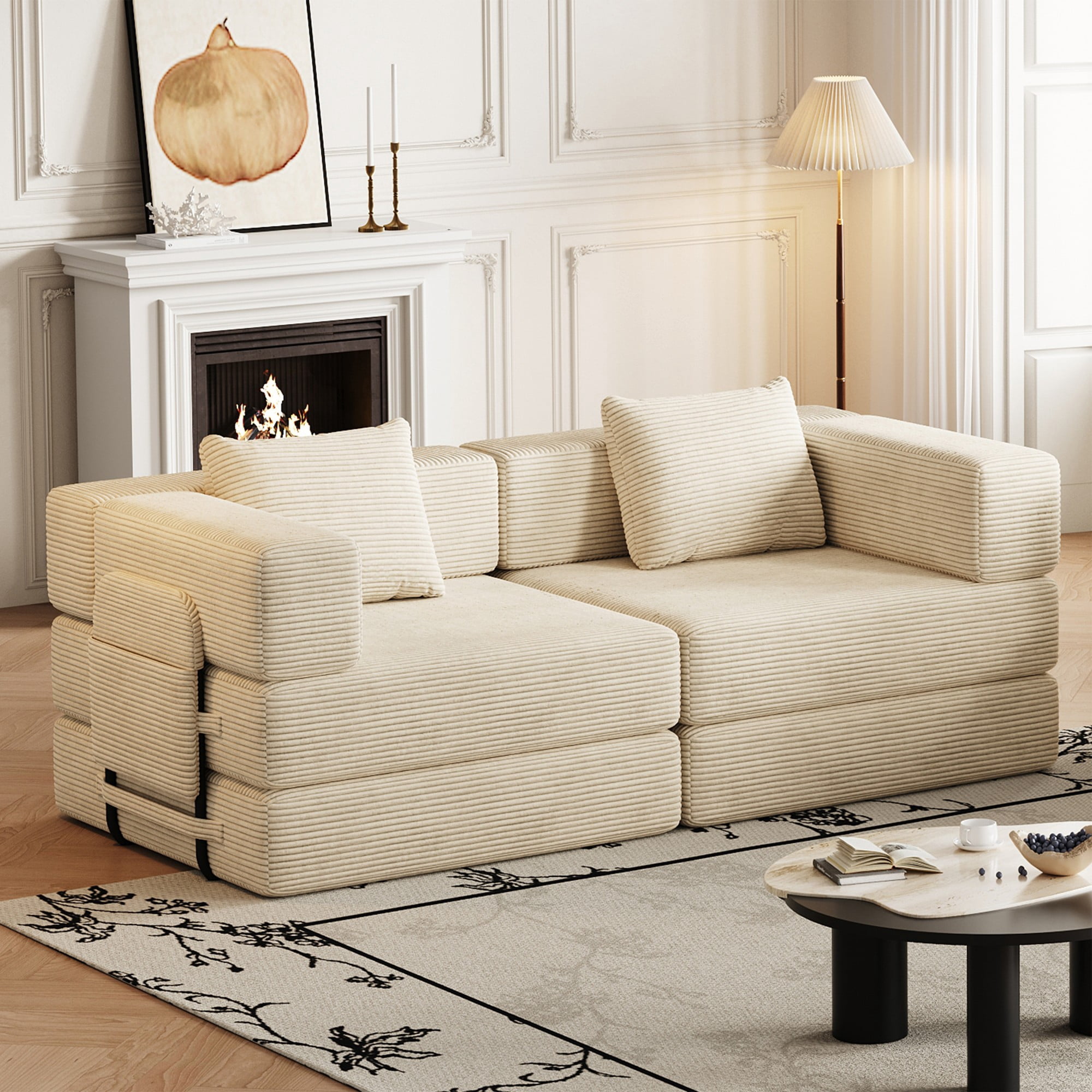 72" Convertible Corduroy Sofa Bed,Folding Sleeper Couch with Two Side Storage Pockets & Two Cushions for Living Room,Bedroom,Beige