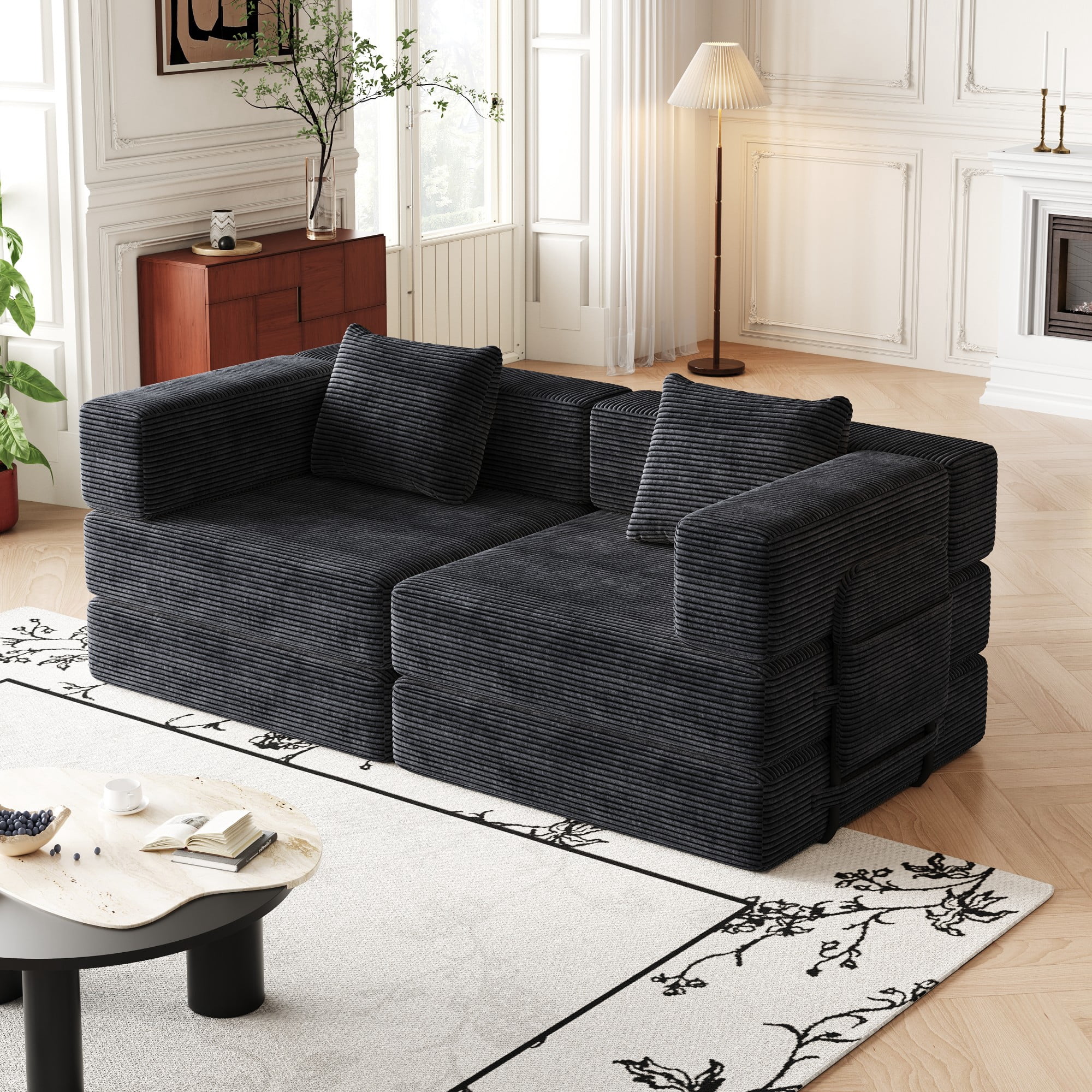 72" Convertible Corduroy Sofa Bed,Folding Sleeper Couch with Two Side Storage Pockets & Two Cushions for Living Room,Bedroom,Black