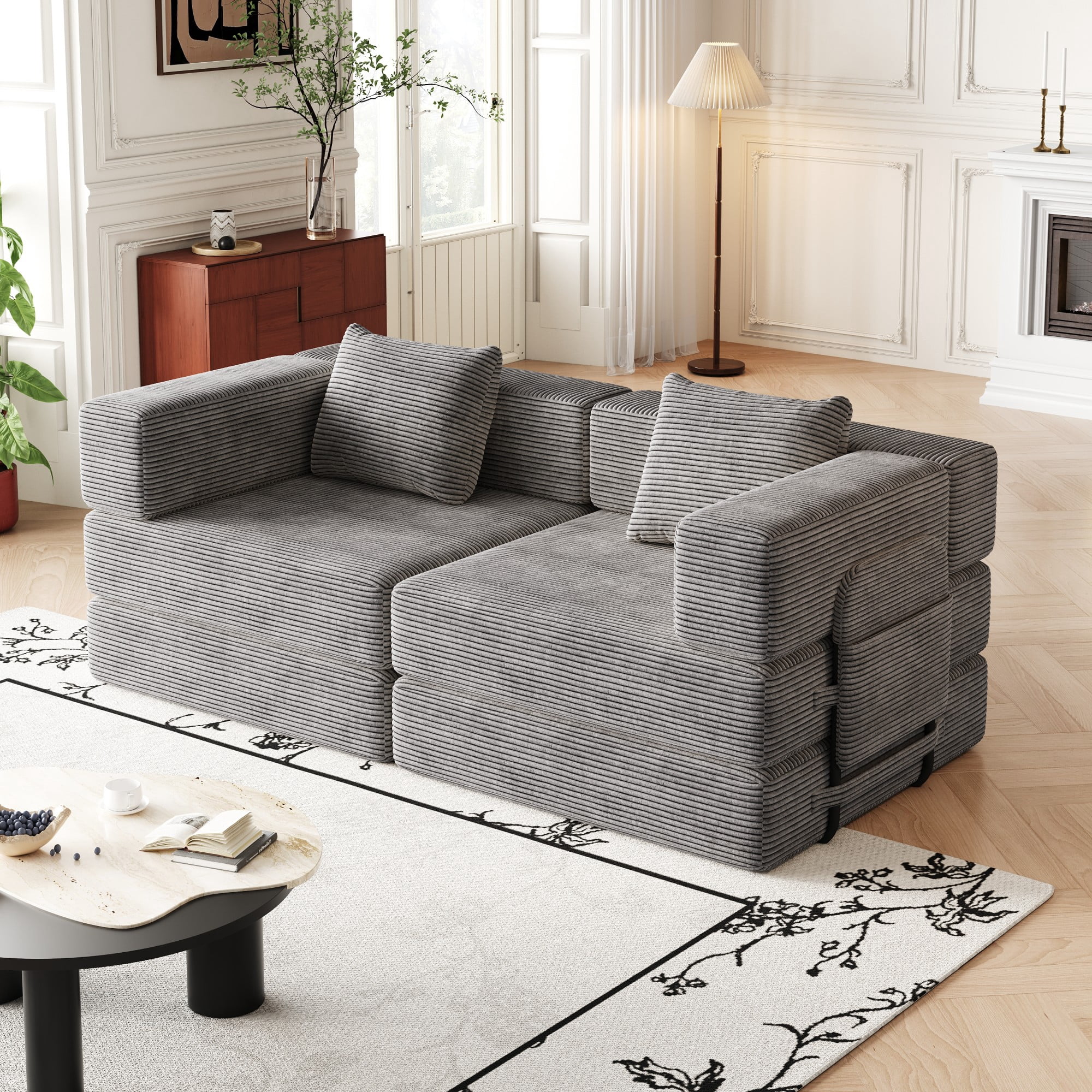 72" Convertible Corduroy Sofa Bed,Folding Sleeper Couch with Two Side Storage Pockets & Two Cushions for Living Room,Bedroom,Grey