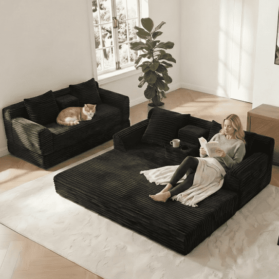 72" Corduroy Convertible Sleeper Sofa Bedwith Cup Holders & Pillows, 2-in-1 Folding Lounge Couch, No Assembly Space-Saving Sofa Bed for Living Room