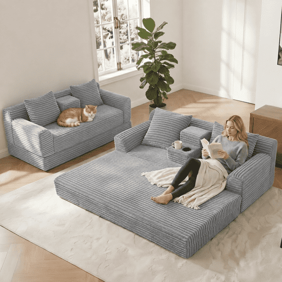 72" Corduroy Convertible Sleeper Sofa Bedwith Cup Holders & Pillows, 2-in-1 Folding Lounge Couch, No Assembly Space-Saving Sofa Bed for Living Room