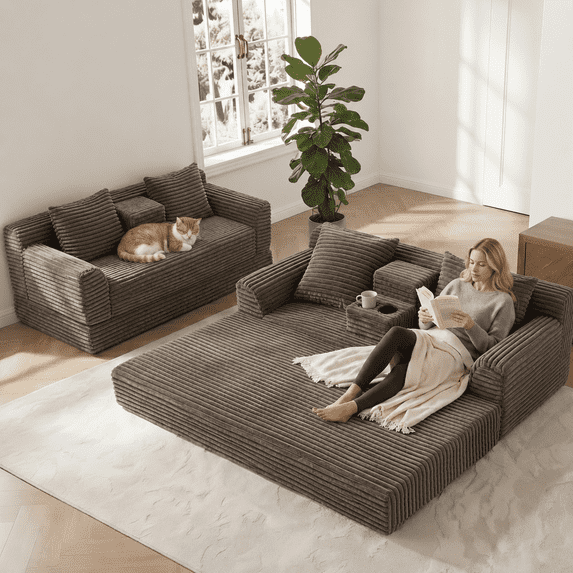 72" Corduroy Convertible Sleeper Sofa Bedwith Cup Holders & Pillows, 2-in-1 Folding Lounge Couch, No Assembly Space-Saving Sofa Bed for Living Room