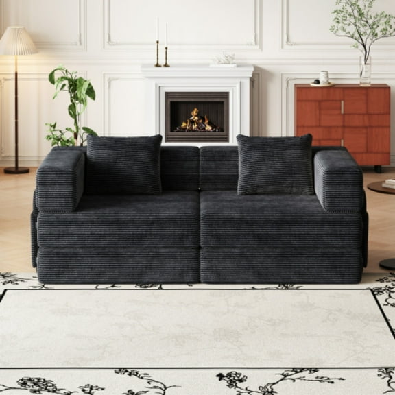 72" Corduroy Sleeper Sofa Bed, Loveseat Sleeper Sofa with Anti-Slip Pads, Sofa Cama with Storage Pockets for Small Spaces​, Black