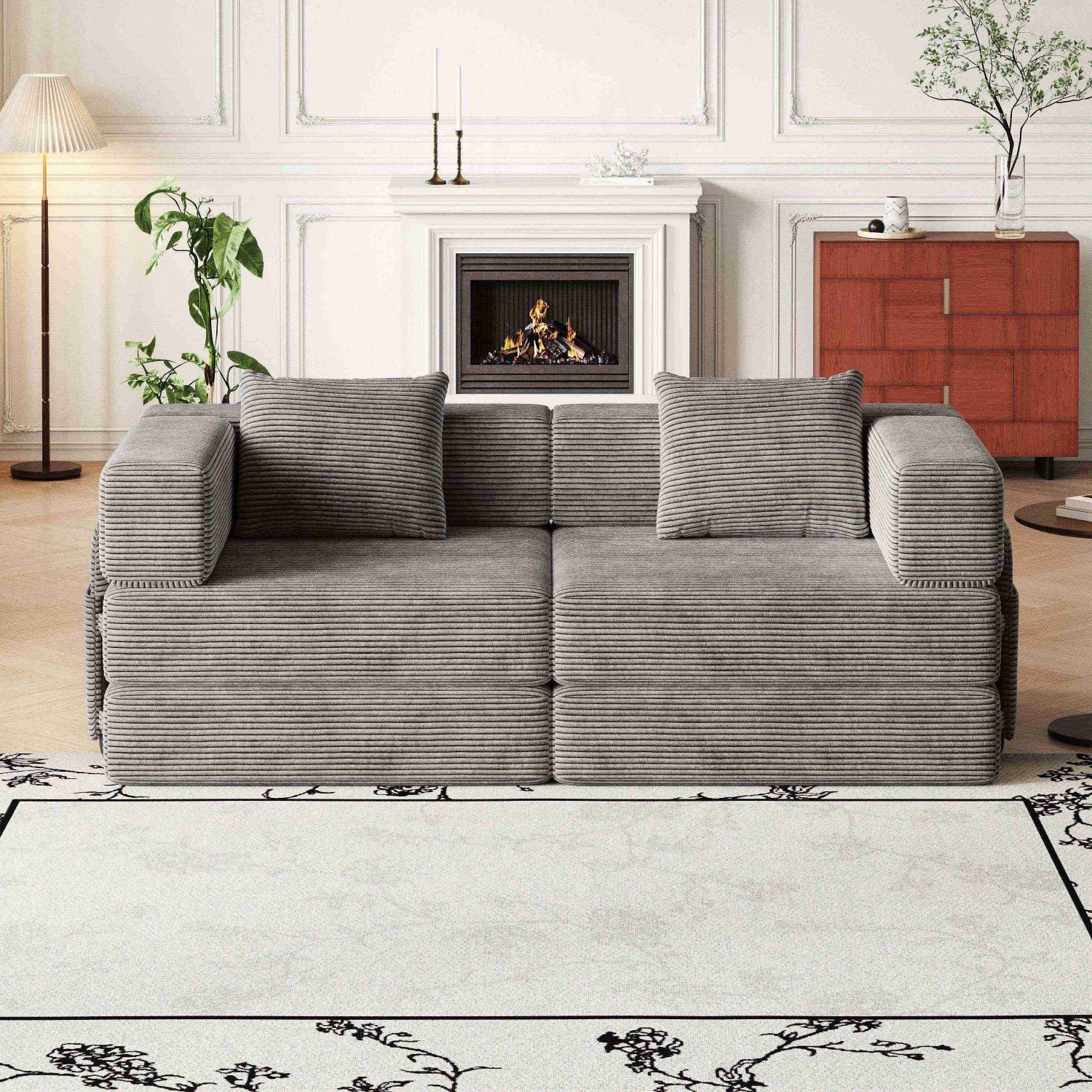 72" Corduroy Sleeper Sofa Bed, Loveseat Sleeper Sofa with Anti-Slip Pads, Sofa Cama with Storage Pockets for Small Spaces​, Grey