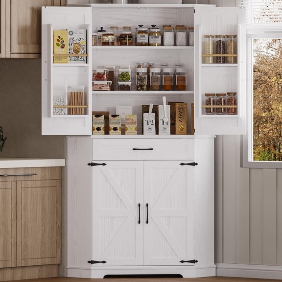 72-Inch White IRONCK Corner Kitchen Pantry Storage Cabinet with Drawer, 3 Adjustable Shelves, and 2 Doors