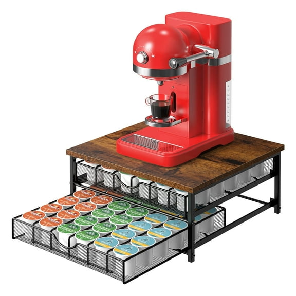 OYEAL 2-Tier 72-Count Coffee Pod Storage Organizer with Sliding Drawer for Countertop, Compatible with Keurig Pods & Coffee Capsules, Rustic Brown