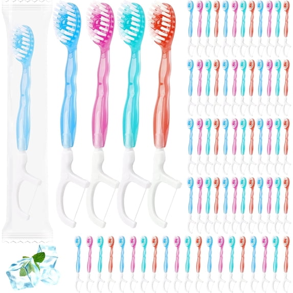 72 Count Mini Disposable Toothbrush Set 5 in 1 Individually Packaged Portable Toothbrush with Toothpaste Tongue Scraper Dental Floss Picks Home Travel Hotel Post Meal Clean