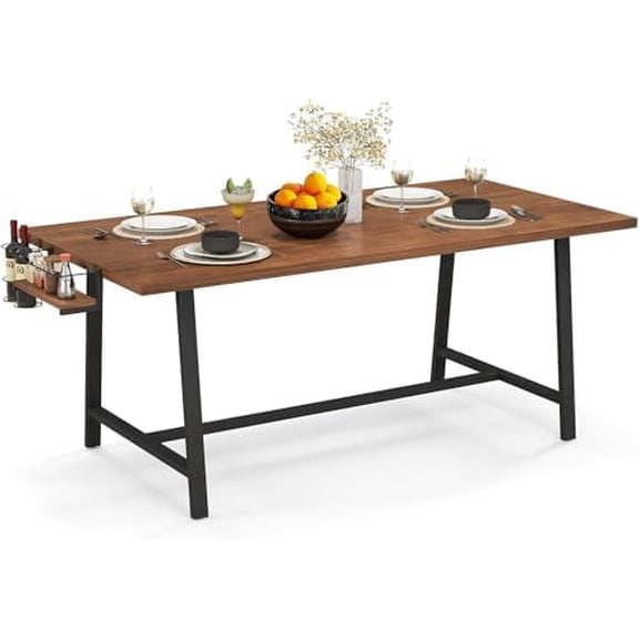 72 Dining Table for 5-7 Person, Rectangular Wood Dining Table with Heavy-duty Metal Frame, Wine Rack & Condiment Holder, Farmhouse Kitchen Table for Family Gathering, Dining Room & Living Room