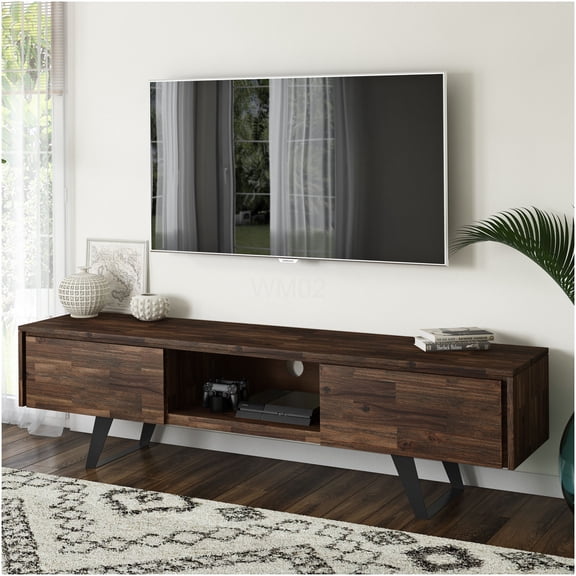 72" Distressed Charcoal Brown TV Stand with Storage for Large Screen TVs, Solid Wood Media Console