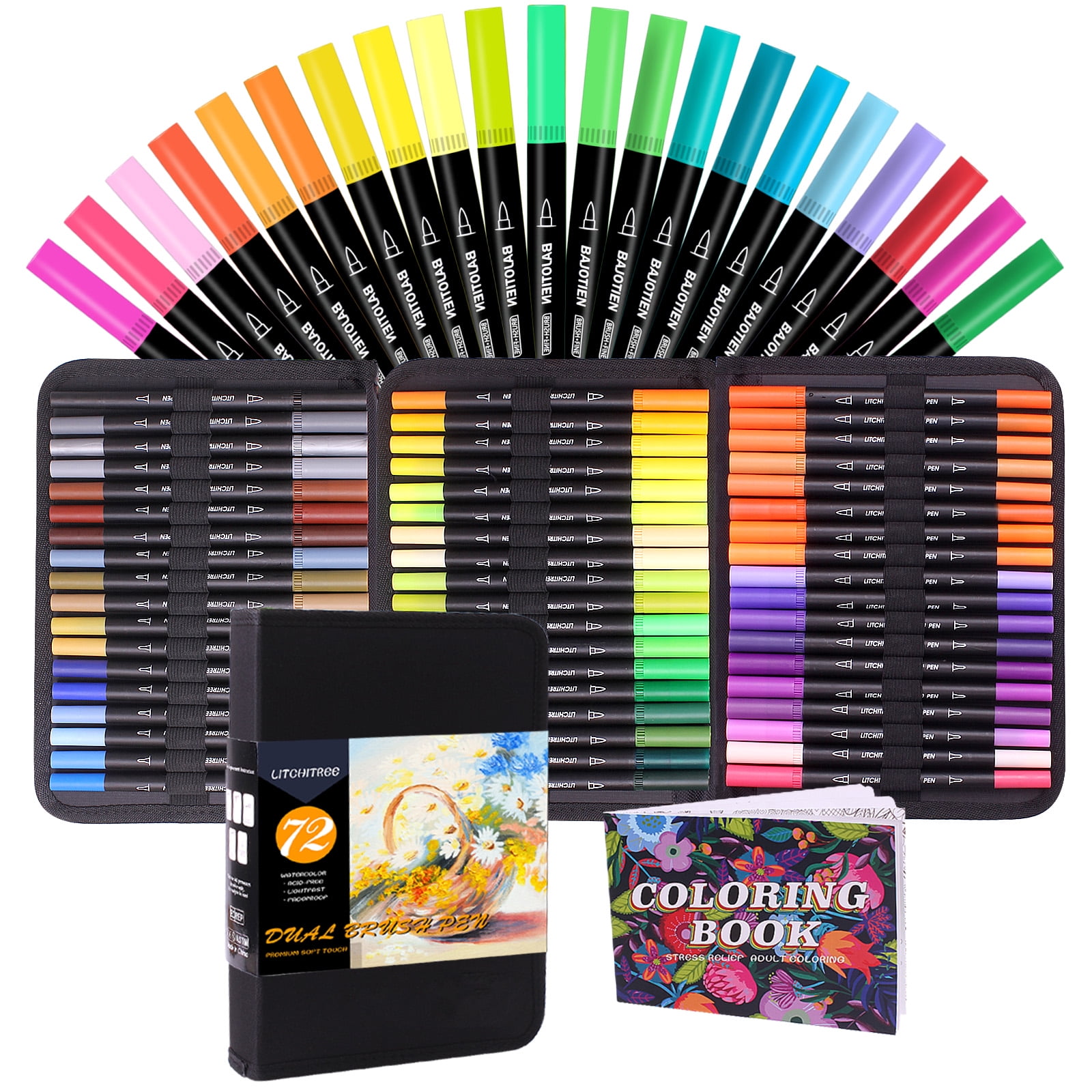 Tongfushop Brush Markers Set, 72 Colored Brush Tip Markers, Dual Tip  Markers with Fine and Brush Tip, Markers for Adults Kids Coloring Book  Halloween