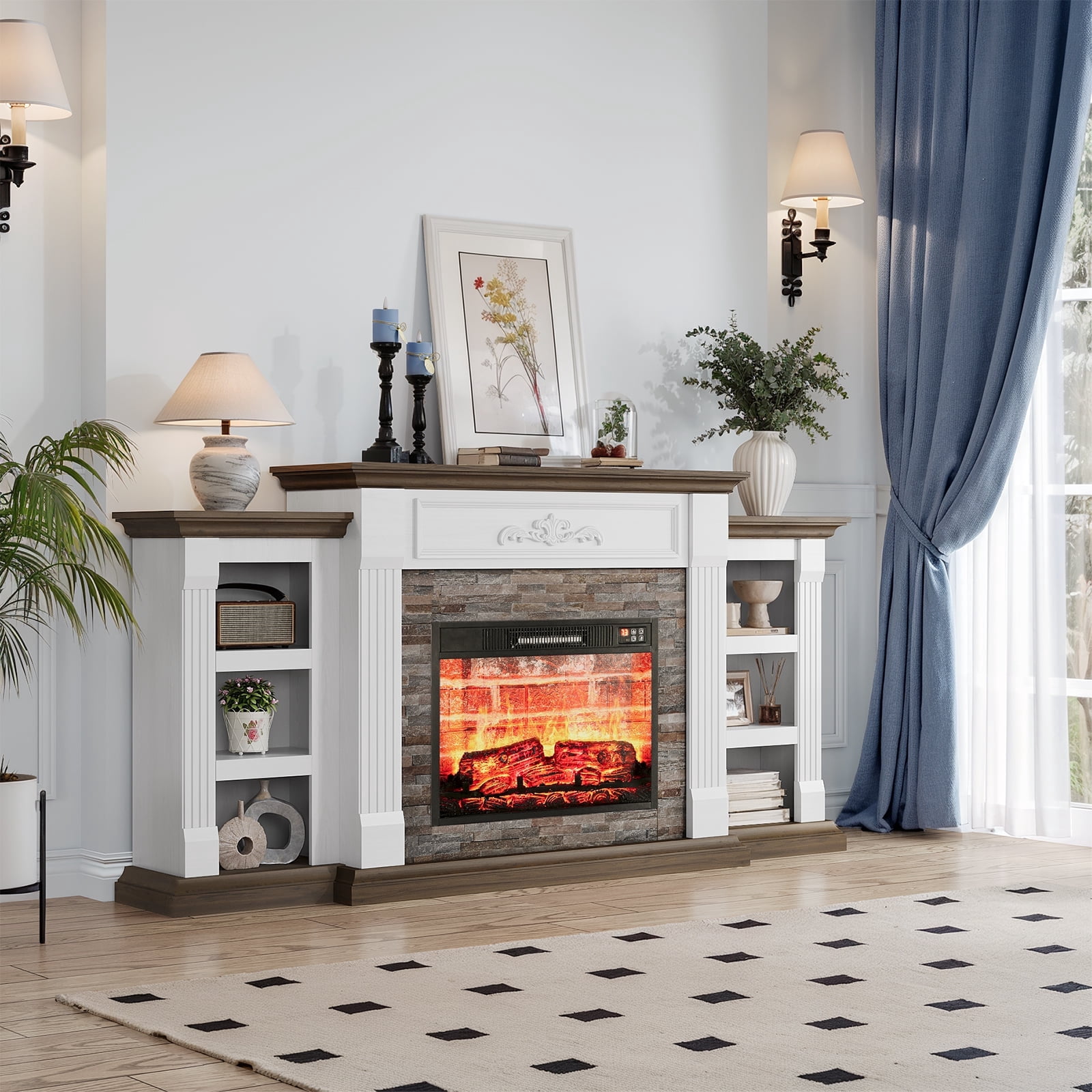 72" Electric Fireplace with Mantel, Stacked Stone Surround with 23" Fireplace Insert, Adjustable Flame, Red Brick Fireplace, White Brown