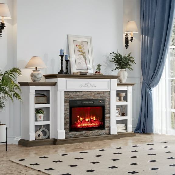 72" Electric Fireplace with Mantel, Stacked Stone Surround with 23" Fireplace Insert, Adjustable Flame, White Brown